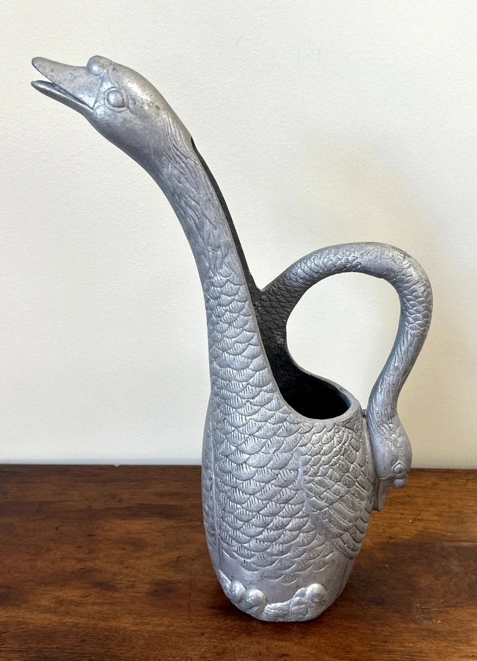 Vintage Arthur Court Swan Pitcher Ewer Nest Eggs Cast Aluminum USA 13
